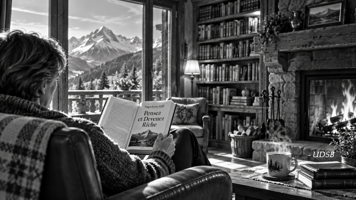 UDSB - Un lecteur découvre le pouvoir des livres en lisant Pensez et Devenez Riche de Napoleon Hill dans un chalet de montagne.