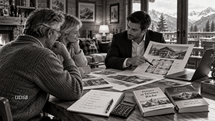 UDSB - Investir son argent dans l'immobilier : un couple examine les plans d'un appartement avec un conseiller immobilier