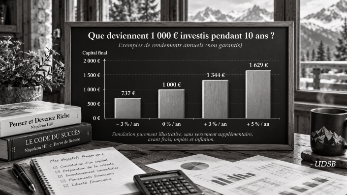 UDSB - Graphique illustrant l'évolution de 1 000 euros investis sur 10 ans selon quatre hypothèses de rendement annuel