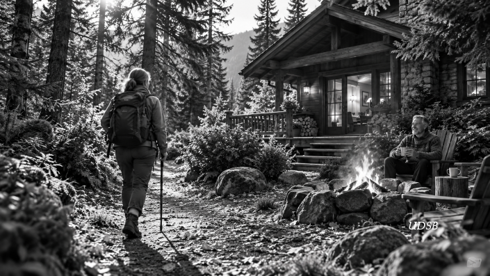 Facilité et discipline : une personne suit un chemin forestier vers un chalet accueillant, éclairé par la lumière d'automne