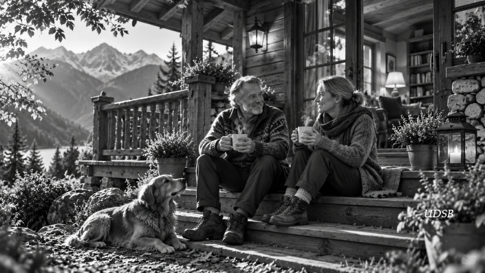Facilité et discipline : deux amis savourent un thé chaud sur les marches d'un chalet, accompagnés de leur chien, dans un moment de sérénité.